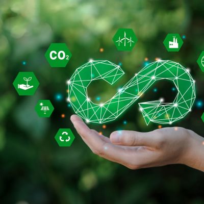 hand hold the circular economy icon. The concept of eternity, endless and unlimited, circular economy for future growth of business and environment sustainable